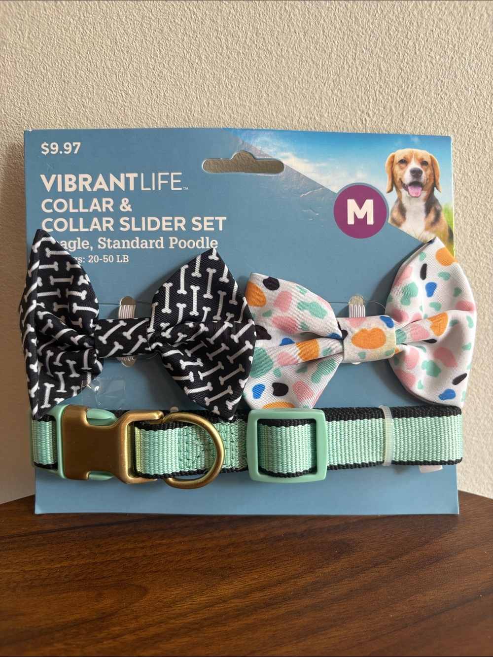 Vibrant Mint Dog Collar with Two Patterned Bow Ties - Medium